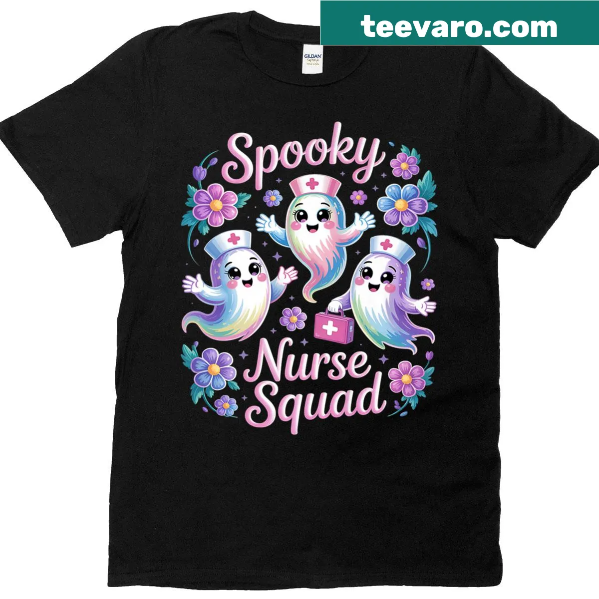 Halloween-themed nurse graphic on t-shirt — on a men's t-shirt