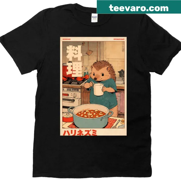 Retro hedgehog chef t-shirt with a cute kitchen scene