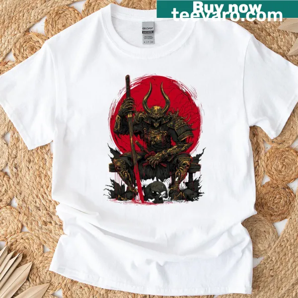 Samurai emperor T-shirt with skull throne and molten bronze design