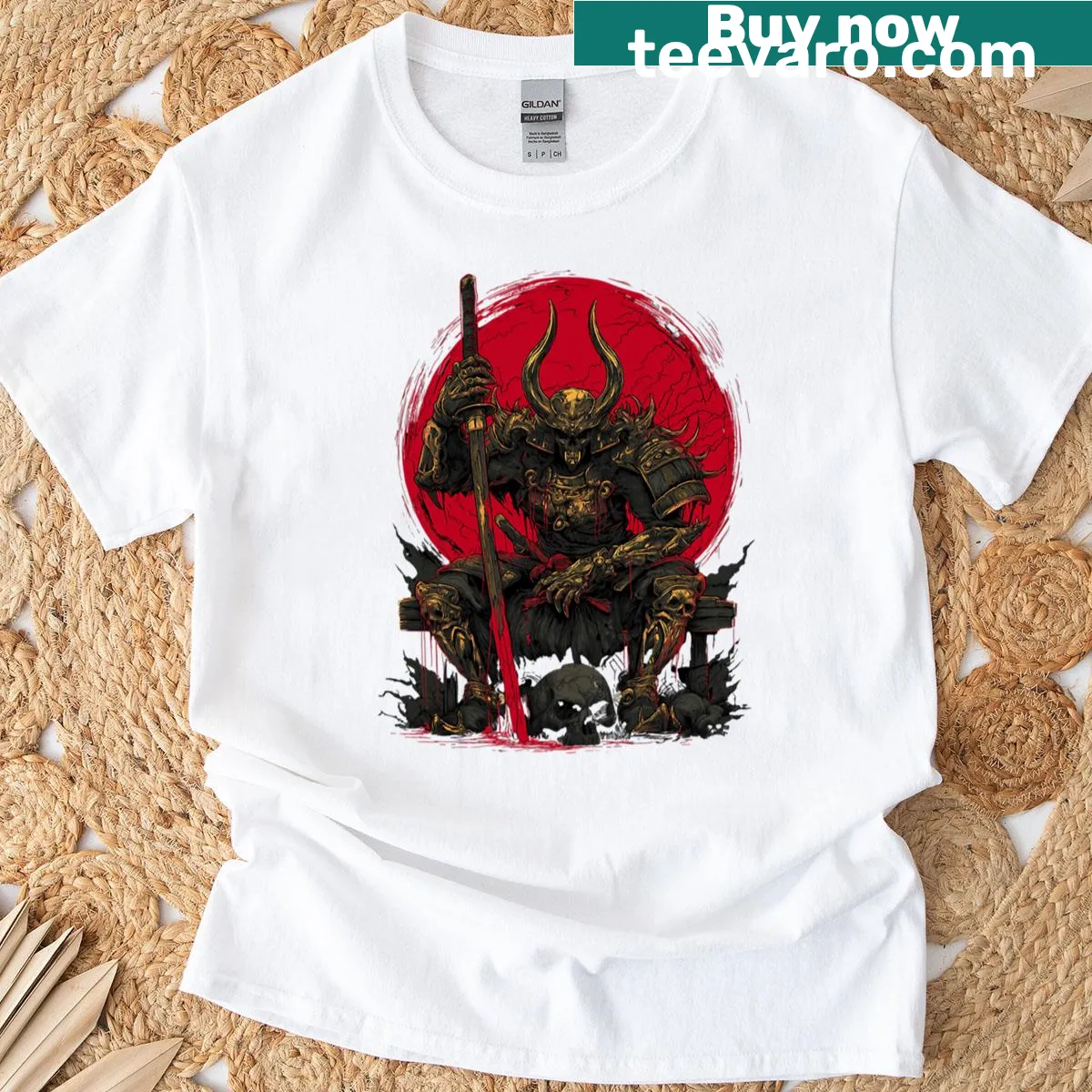 Samurai emperor T-shirt with skull throne and molten bronze design — on a men's t-shirt