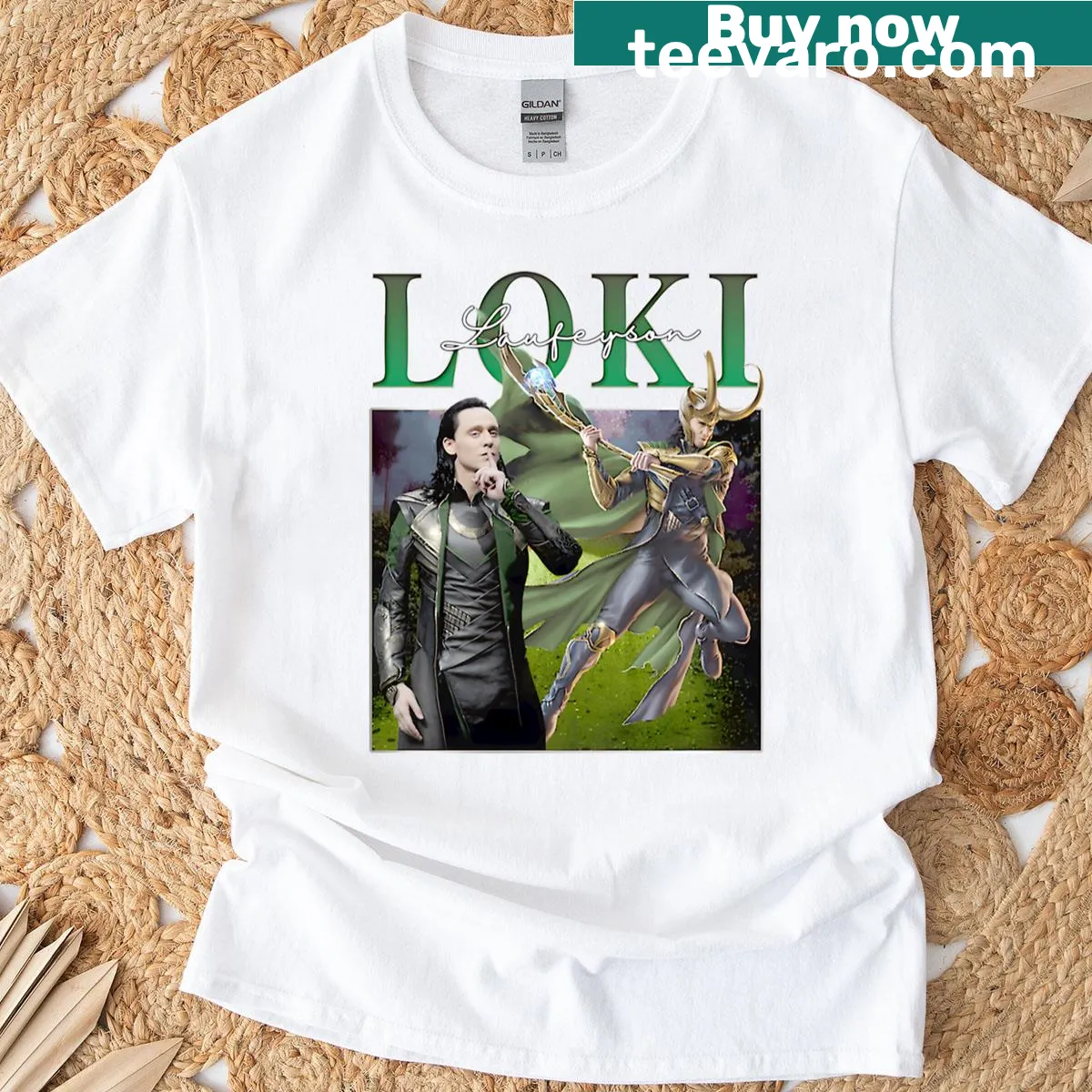 Whimsical trickster in a horned helmet illustrated on a vintage tee — on a men's t-shirt
