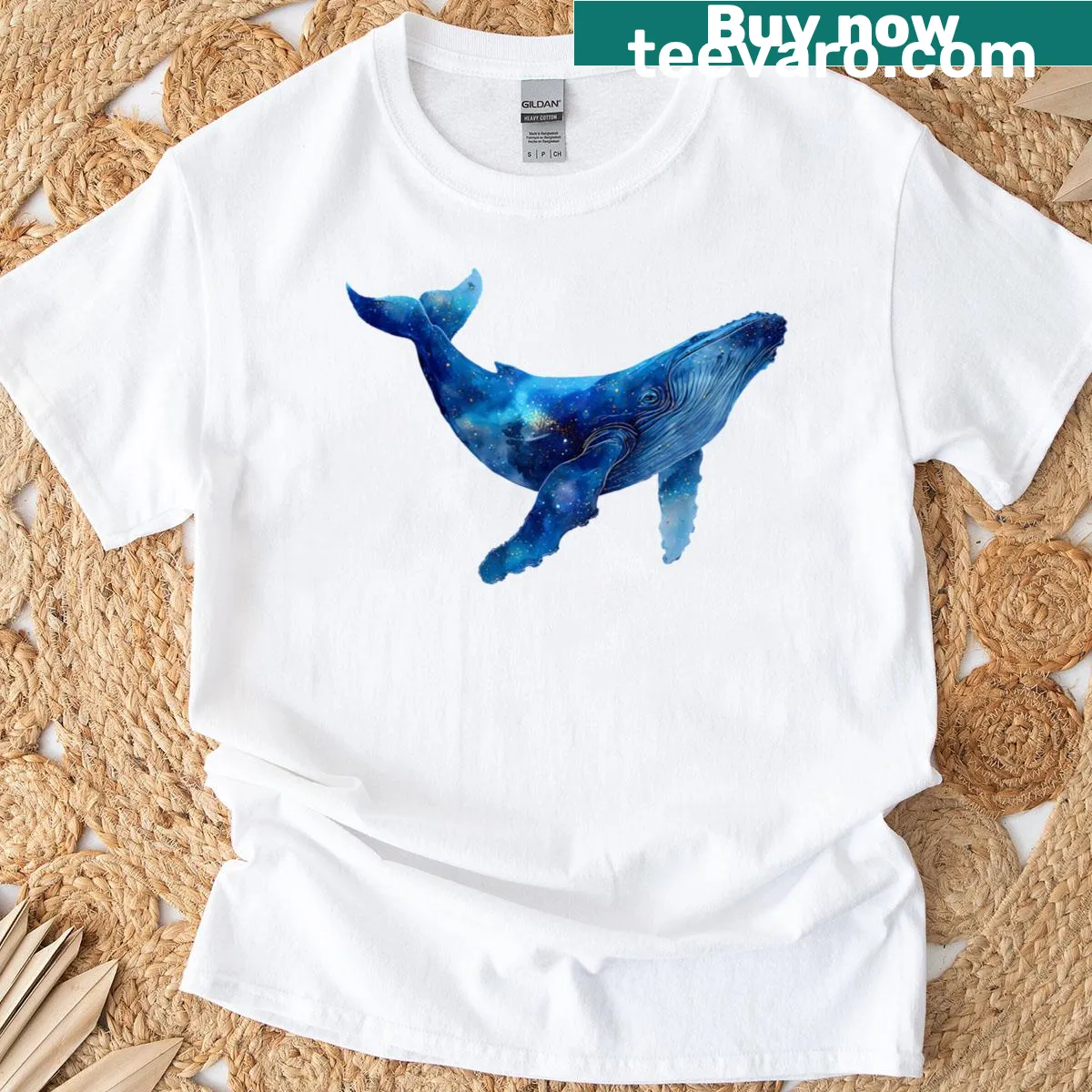 Illustration of a humpback whale swimming in the ocean — on a men's t-shirt