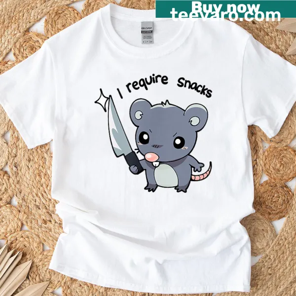 Cartoon rat with a knife and the text 'I Require Snacks' on a T-shirt