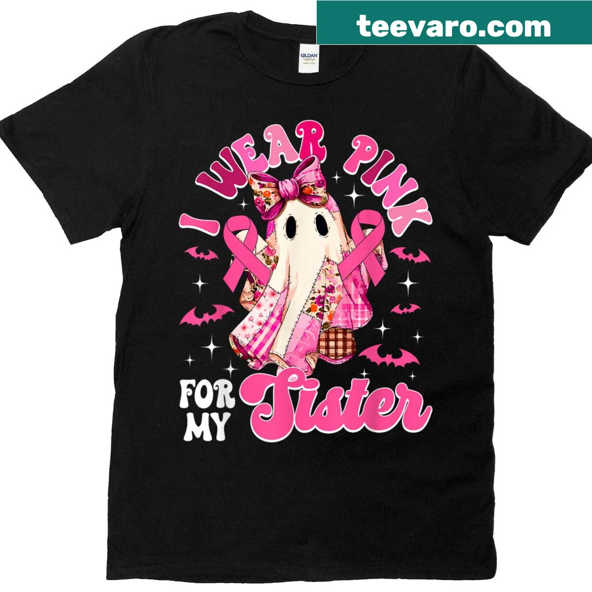 Supportive pink awareness t-shirt with 'I Wear Pink For My Sister' text — on a men's t-shirt