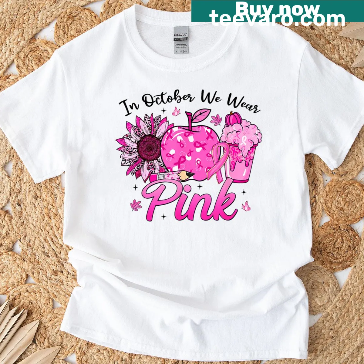 Breast cancer awareness teacher t-shirt with pink symbolism and classroom elements. — on a men's t-shirt
