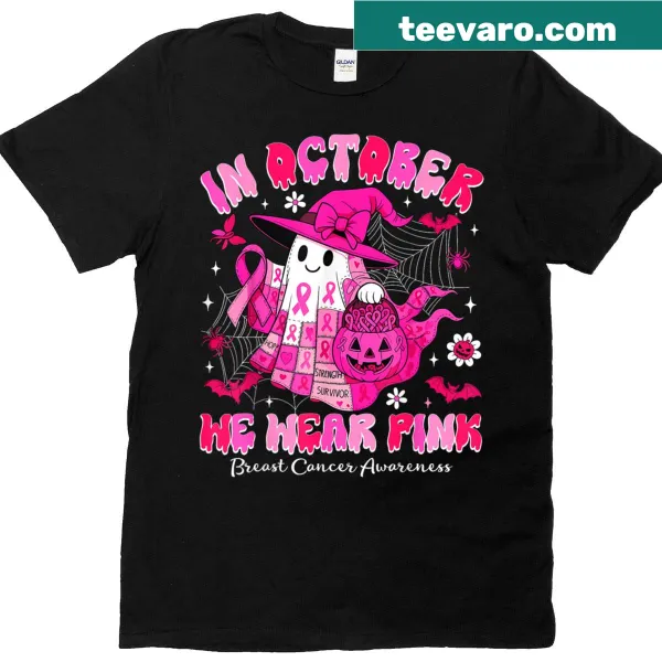Pink ghost graphic for Halloween and breast cancer awareness t-shirt
