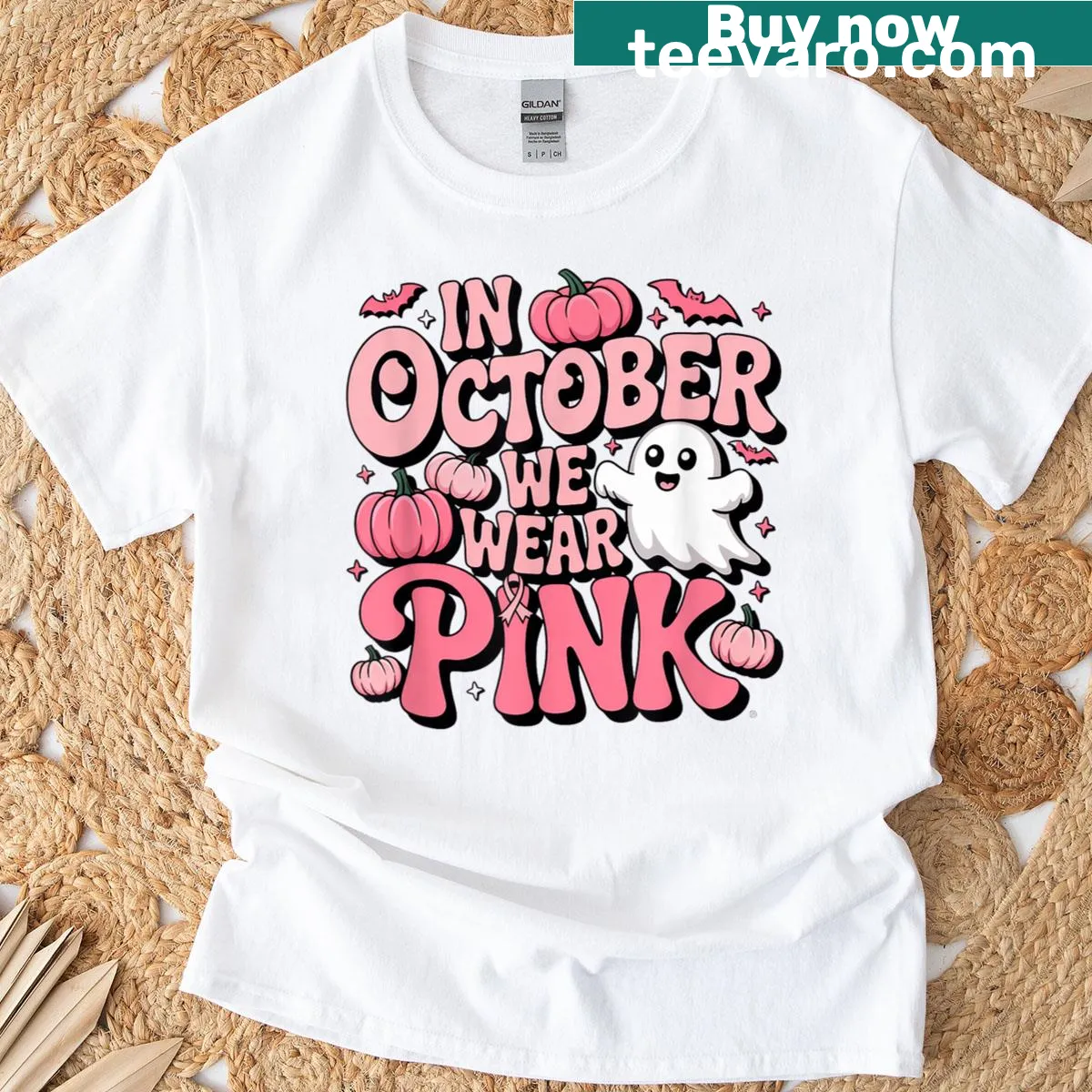 Cute ghost and pumpkin Halloween shirt with awareness message — on a men's t-shirt