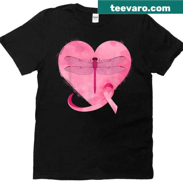 Heart dragonfly design promoting breast cancer awareness on a T-shirt.
