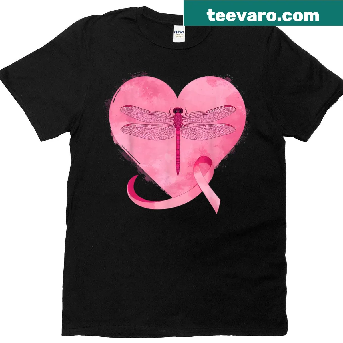 Heart dragonfly design promoting breast cancer awareness on a T-shirt. — on a men's t-shirt