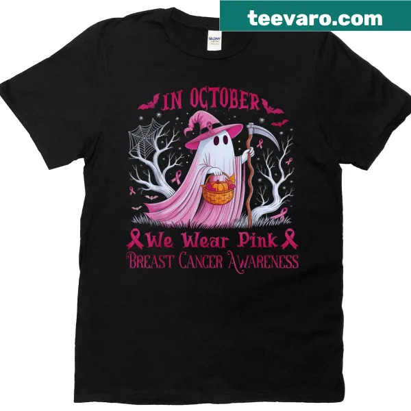 Ghost themed breast cancer awareness t-shirt with pink ribbon
