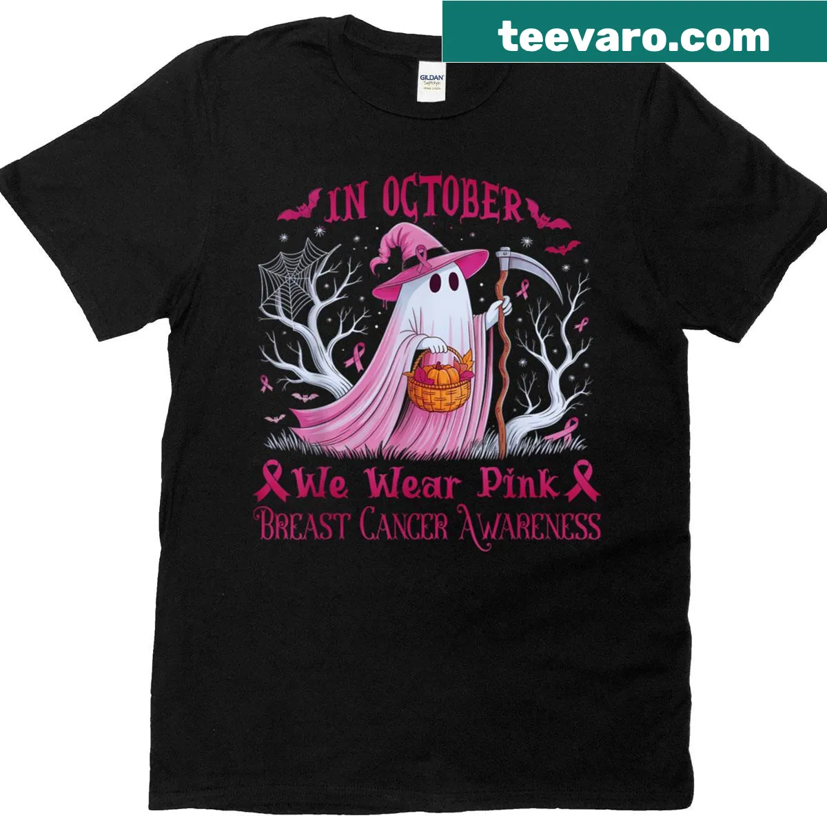 Ghost themed breast cancer awareness t-shirt with pink ribbon — on a men's t-shirt