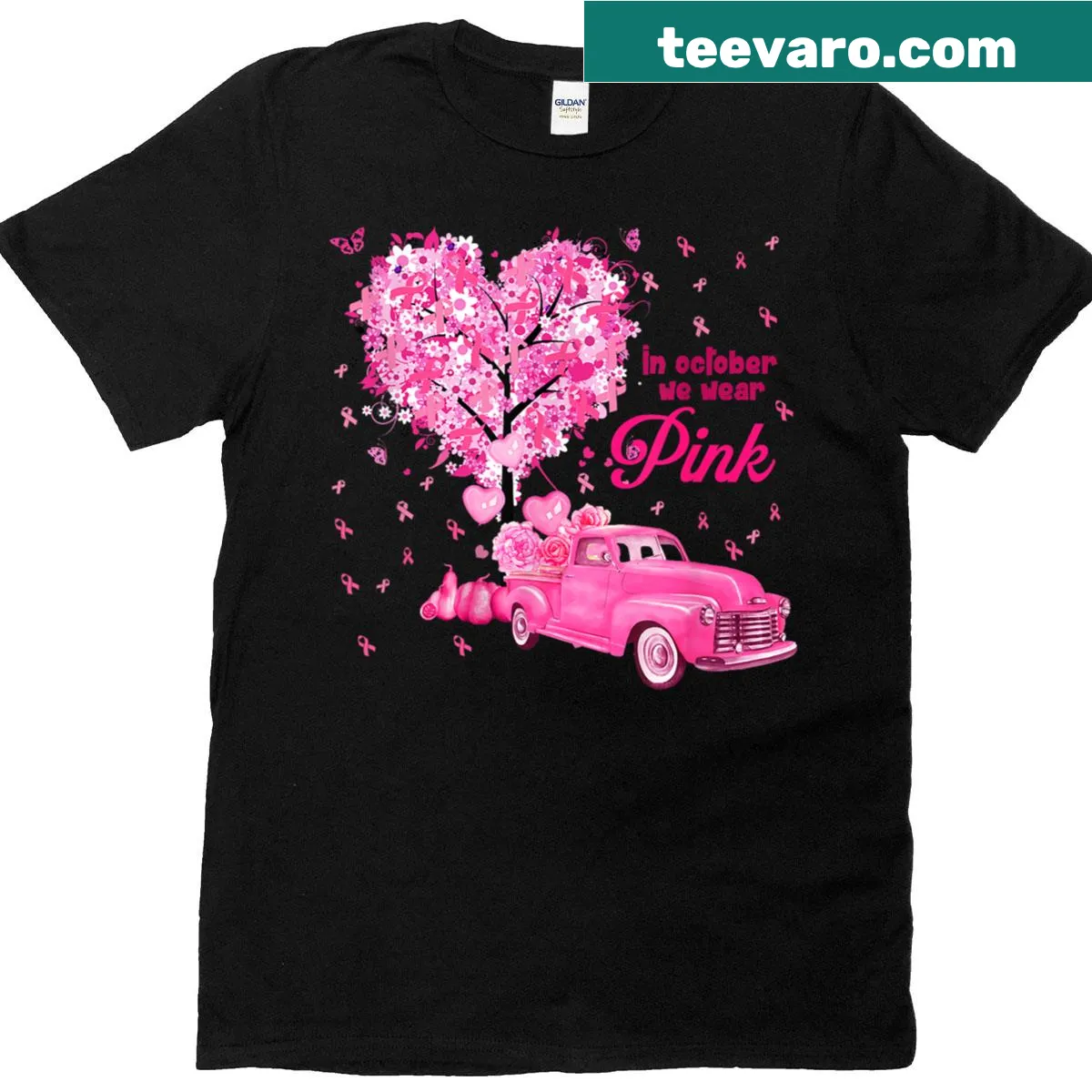 T-shirt featuring a pink truck promoting breast cancer awareness — on a men's t-shirt