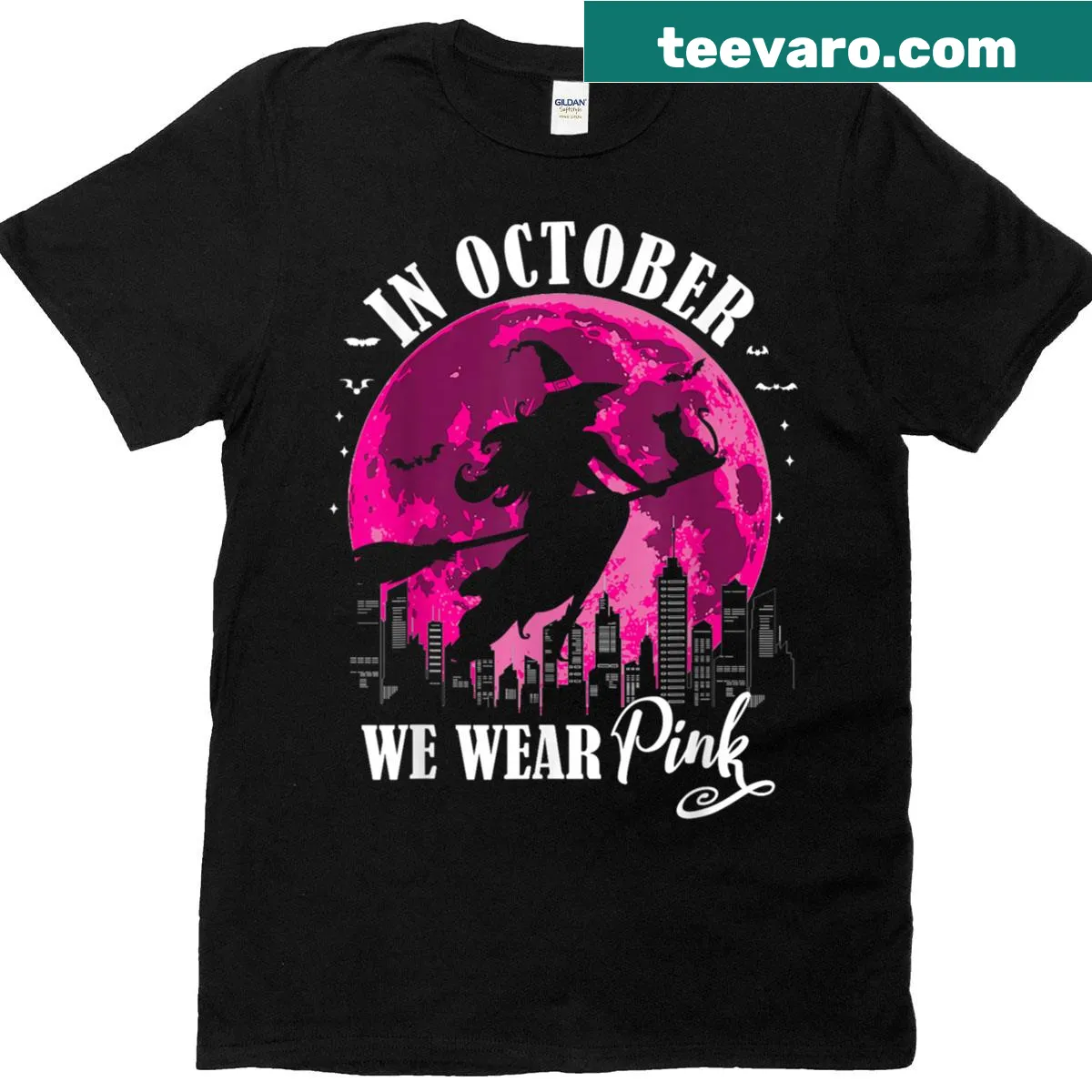 October-themed T-shirt with a witch graphic promoting breast cancer awareness — on a men's t-shirt