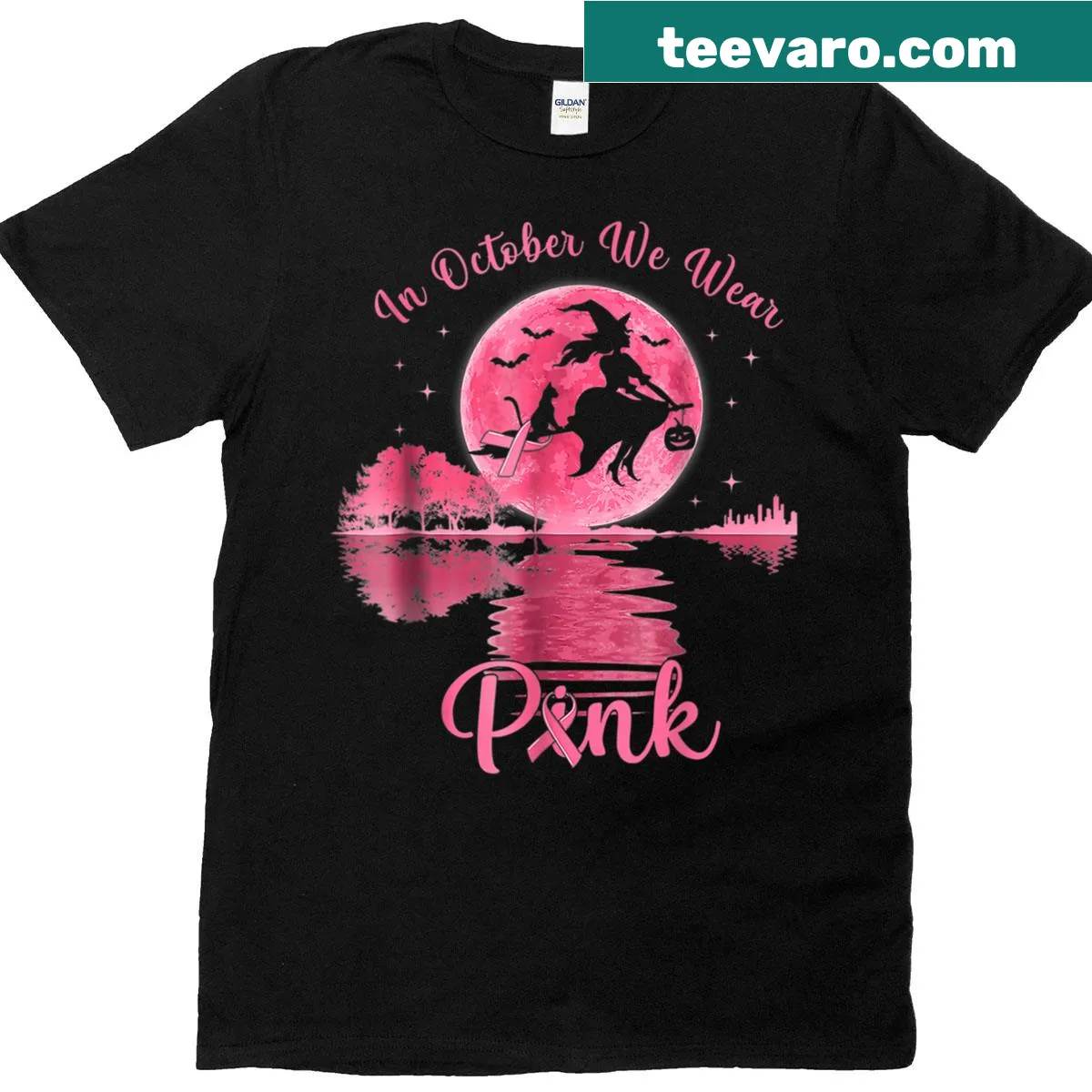 Inspirational graphic promoting October breast cancer awareness with a witch theme. — on a men's t-shirt