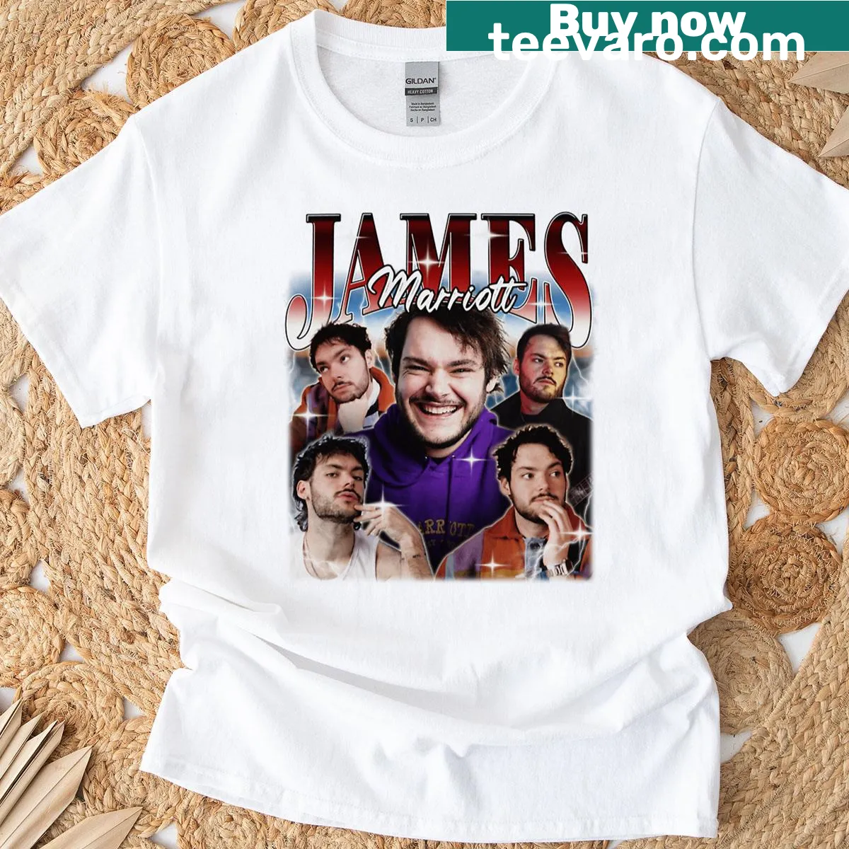 Retro aesthetic fan collage t-shirt featuring James Marriott — on a men's t-shirt