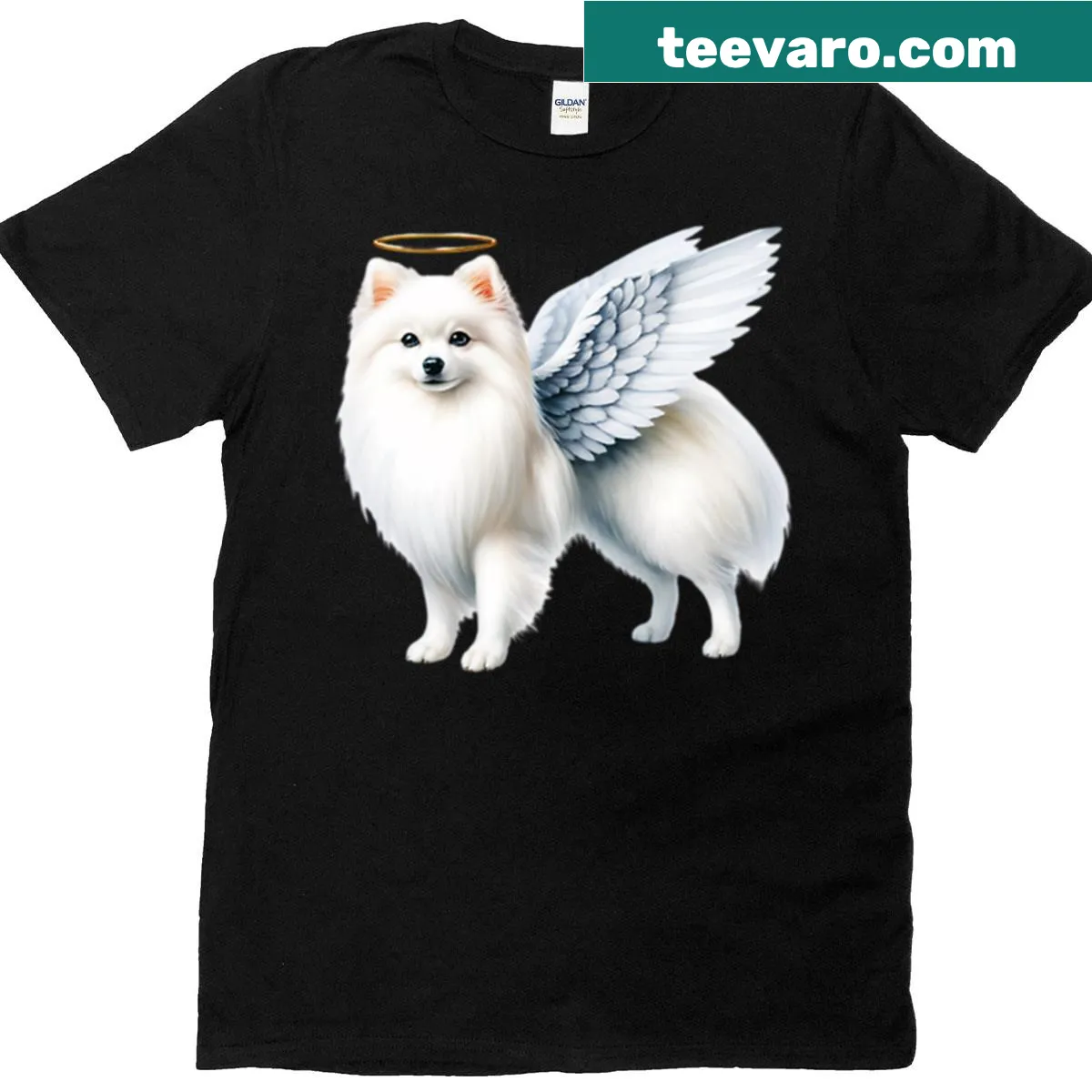 Illustrated angelic Japanese Spitz graphic on a T-shirt — on a men's t-shirt