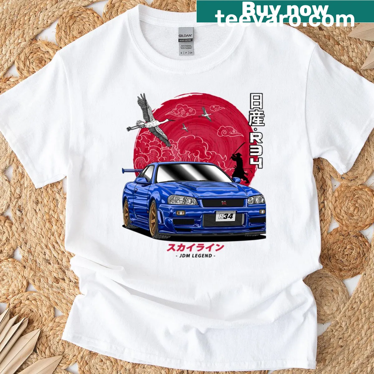 Illustrative t-shirt featuring JDM Legend R34 Skyline with Japanese art — on a men's t-shirt