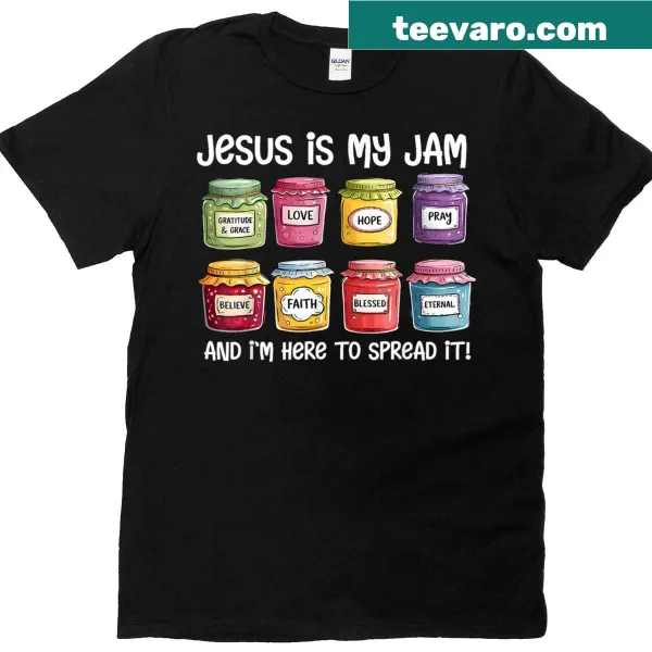 Inspirational T-shirt stating 'Jesus Is My Jam' with musical notes and faith themes