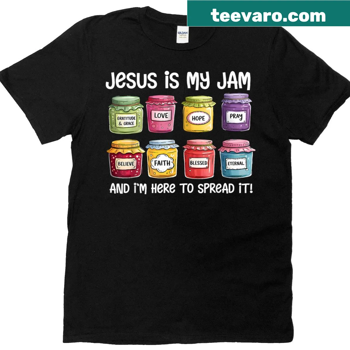 Inspirational T-shirt stating 'Jesus Is My Jam' with musical notes and faith themes — on a men's t-shirt