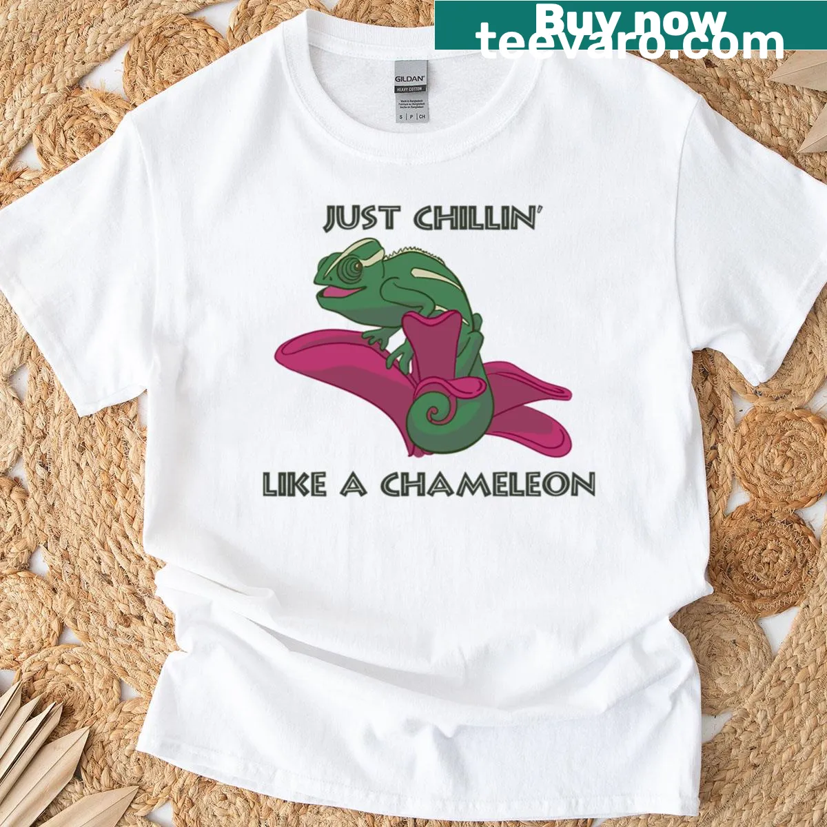 Humorous chameleon illustration t-shirt with 'Just Chillin' quote — on a men's t-shirt