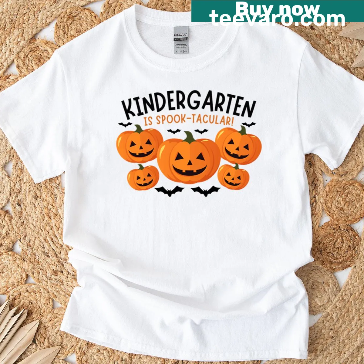 Spook-tacular Halloween teacher shirt with pumpkins and bats — on a men's t-shirt