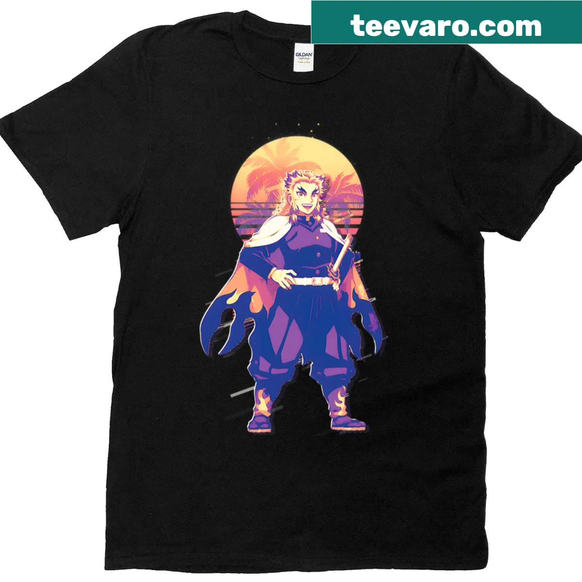 Anime-inspired T-shirt featuring Kyojuro Rengoku with retro sunset art — on a men's t-shirt