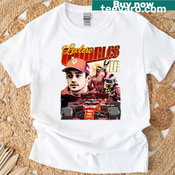 Vintage-style t-shirt showcasing Leclerc 16 racing artwork.