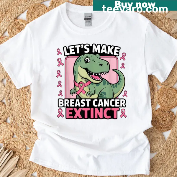 Pink dinosaur promoting breast cancer awareness on a T-shirt