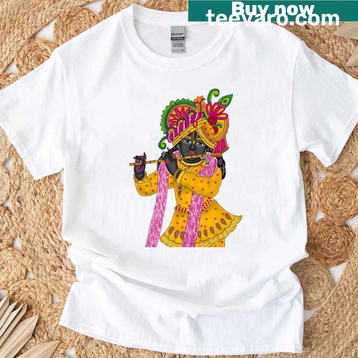 Digital painting of Lord Krishna playing the flute — on a men's t-shirt