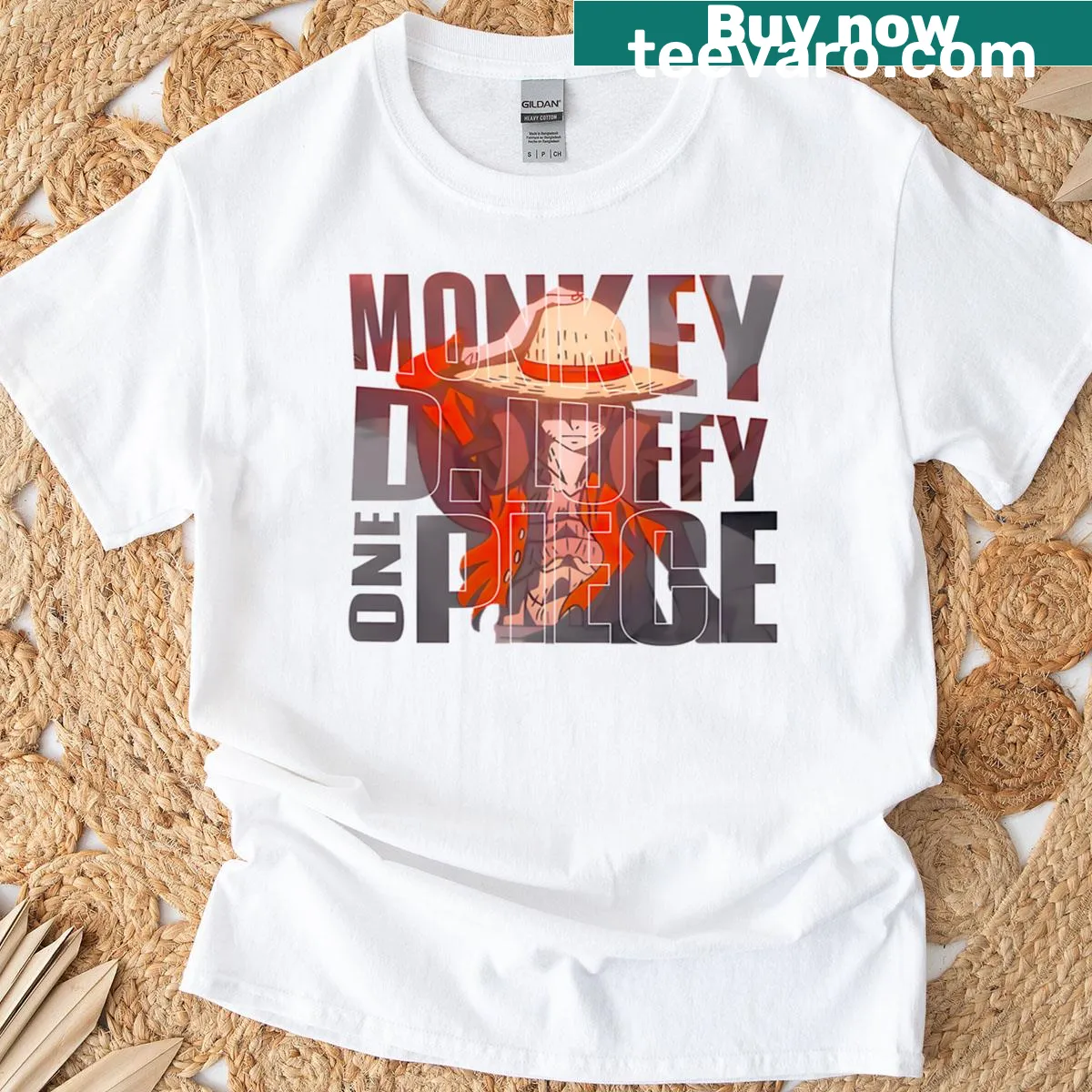 Cartoon illustration of Luffy from One Piece — on a men's t-shirt