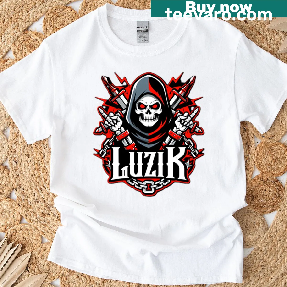 Bold text design of Luzik Gangsta — on a men's t-shirt