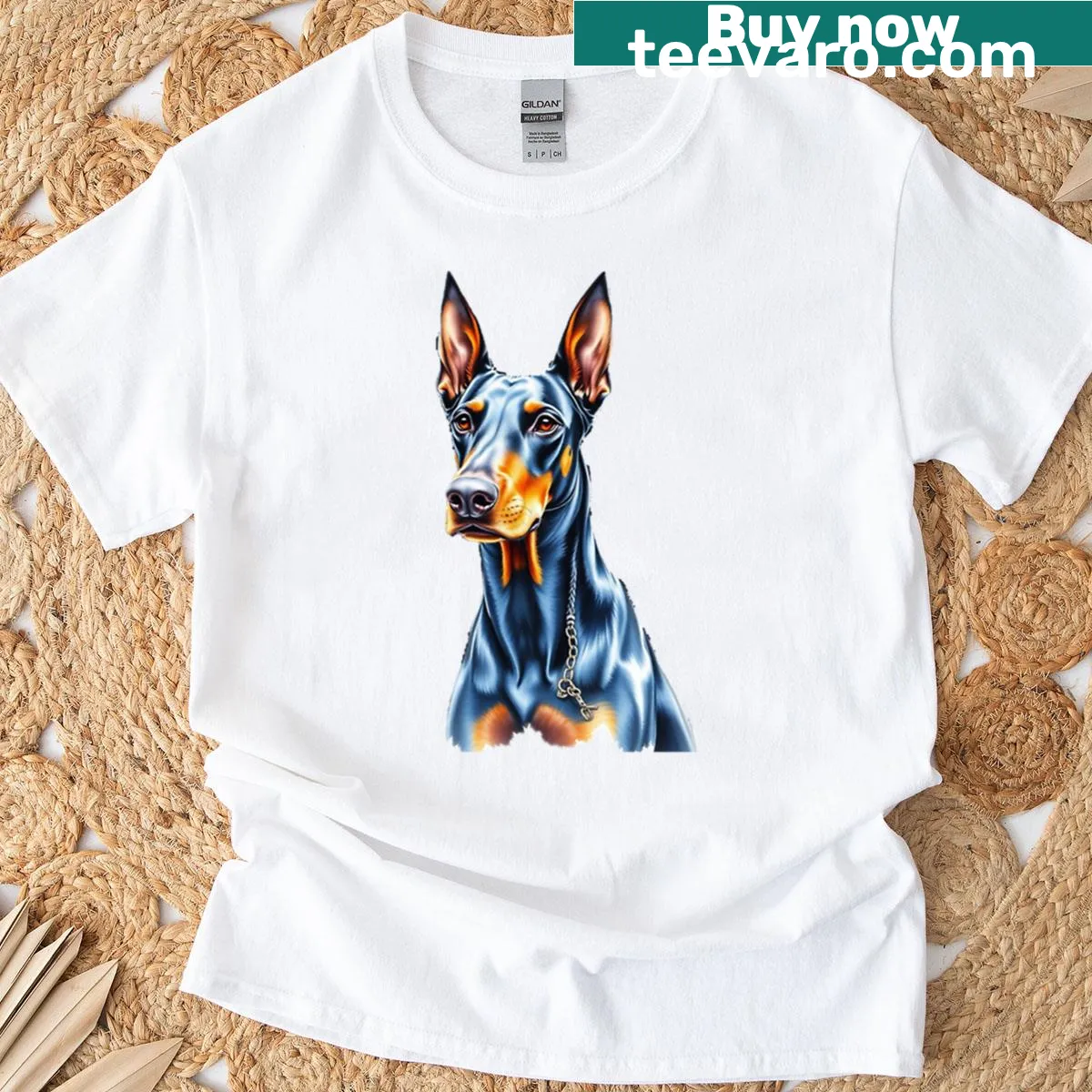 Realistic T-shirt featuring a majestic Doberman illustration with a chain — on a men's t-shirt