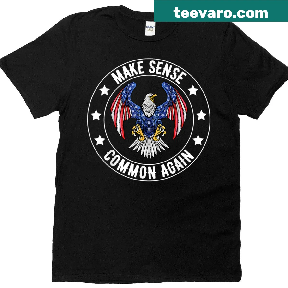Bold political quote t-shirt with 'Make Sense Common Again' text — on a men's t-shirt