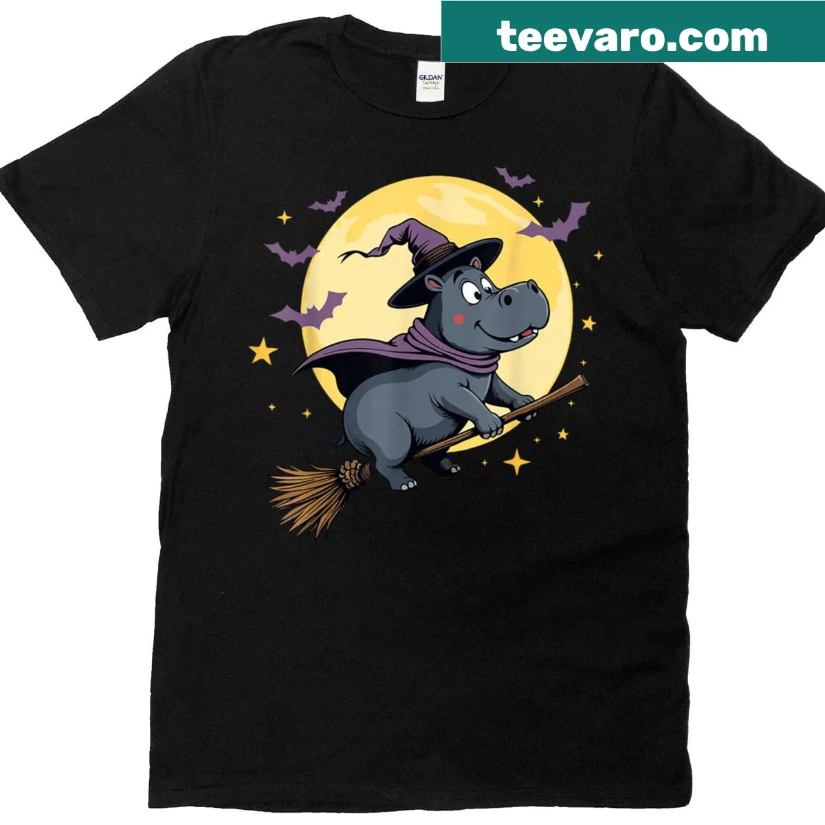Whimsical T-shirt featuring a manatee in a witch hat with pumpkins — on a men's t-shirt