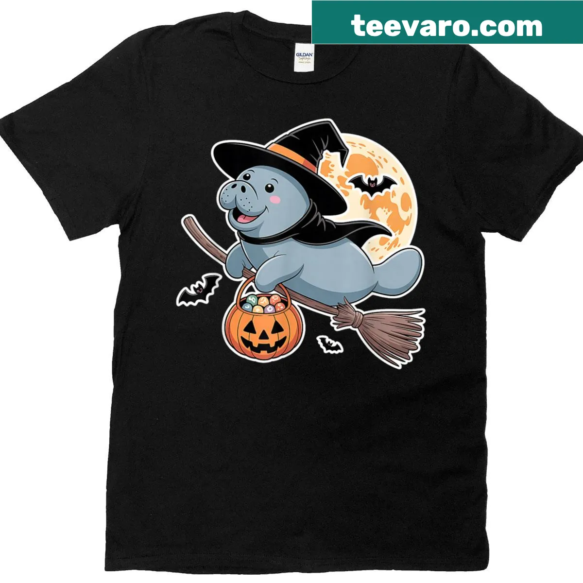 Cute manatee in a witch hat with a pumpkin for Halloween — on a men's t-shirt