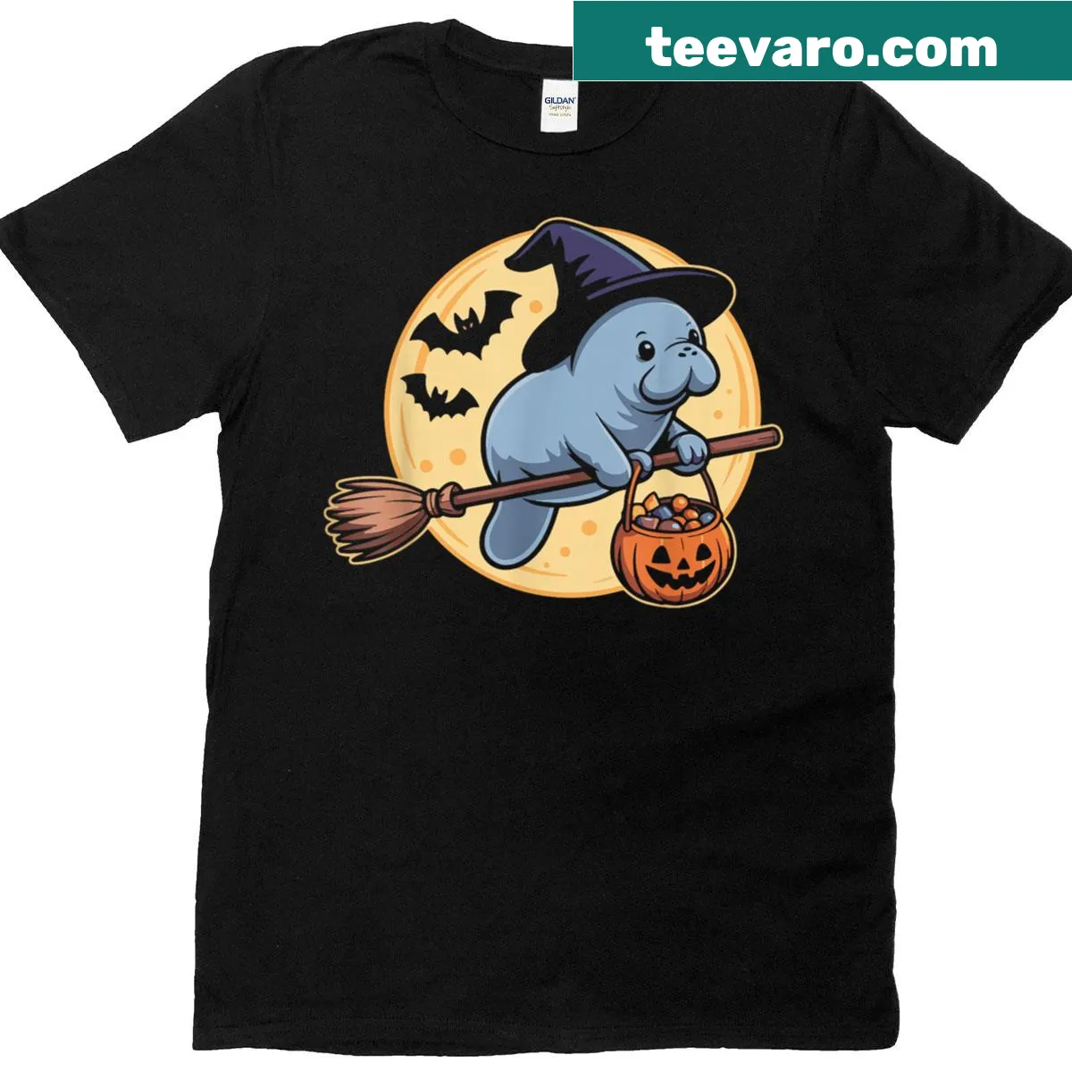 Halloween T-shirt with a manatee in a witch hat and pumpkin — on a men's t-shirt