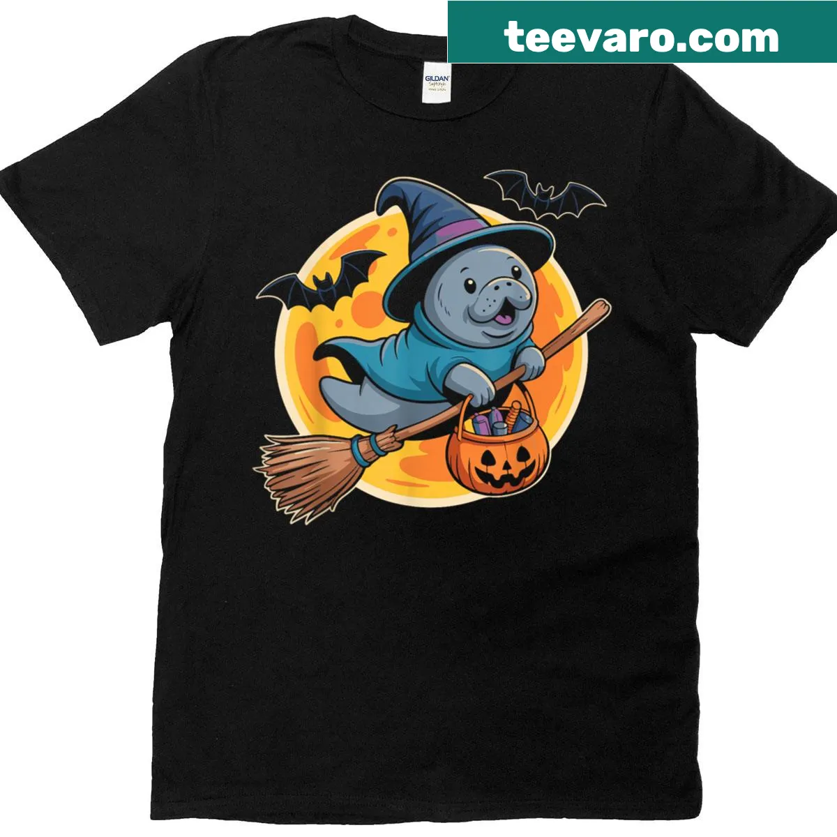 Halloween T-shirt with a manatee and witch hat design — on a men's t-shirt