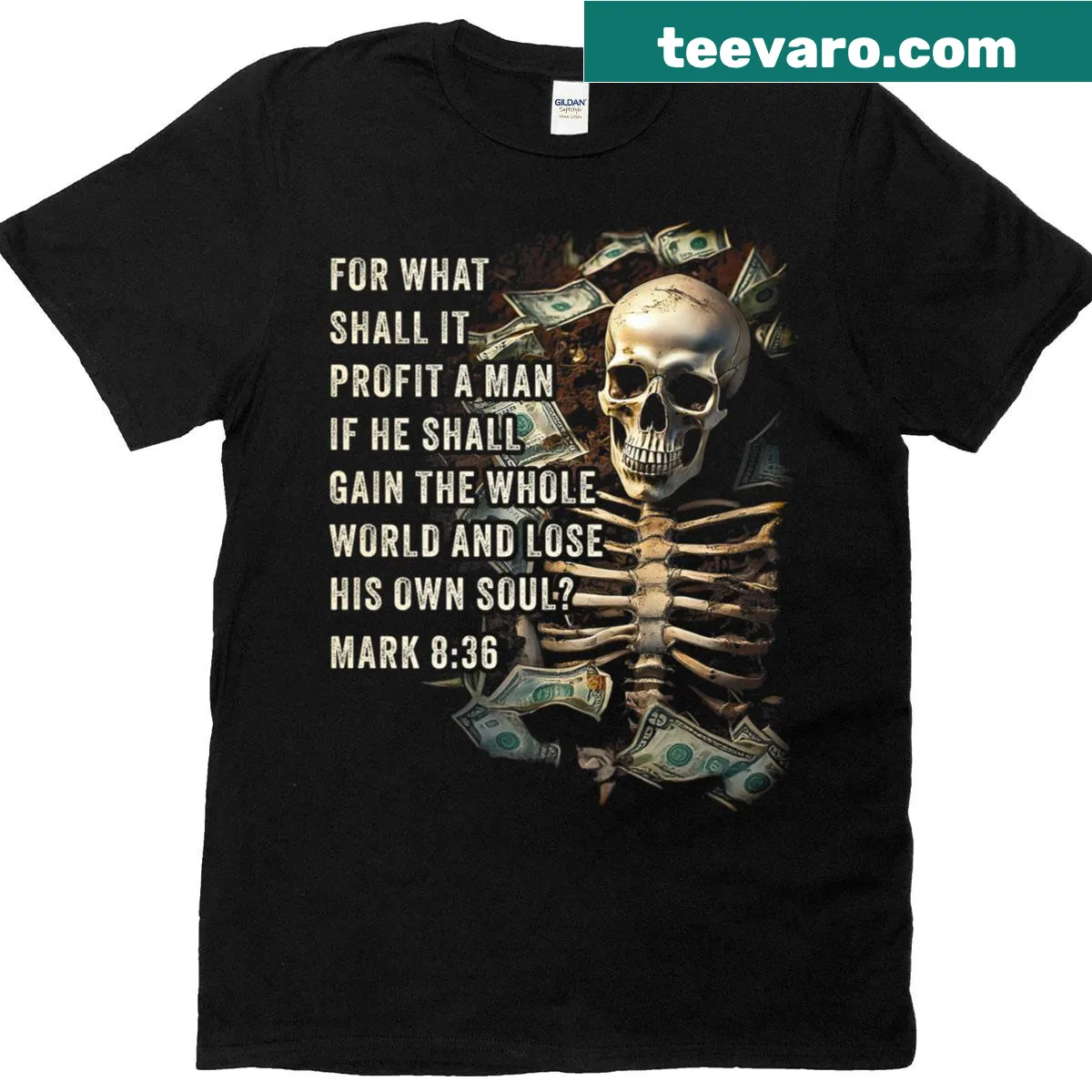 Typographic design featuring Mark 8:36 inspirational quote — on a men's t-shirt