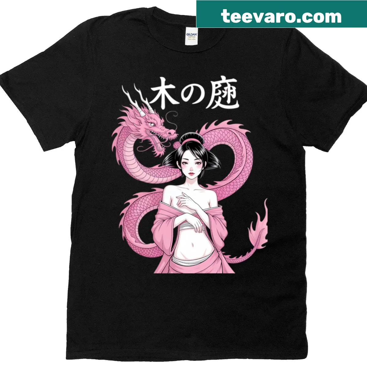 Minimalist black and white Japanese dragon line art on t-shirt — on a men's t-shirt