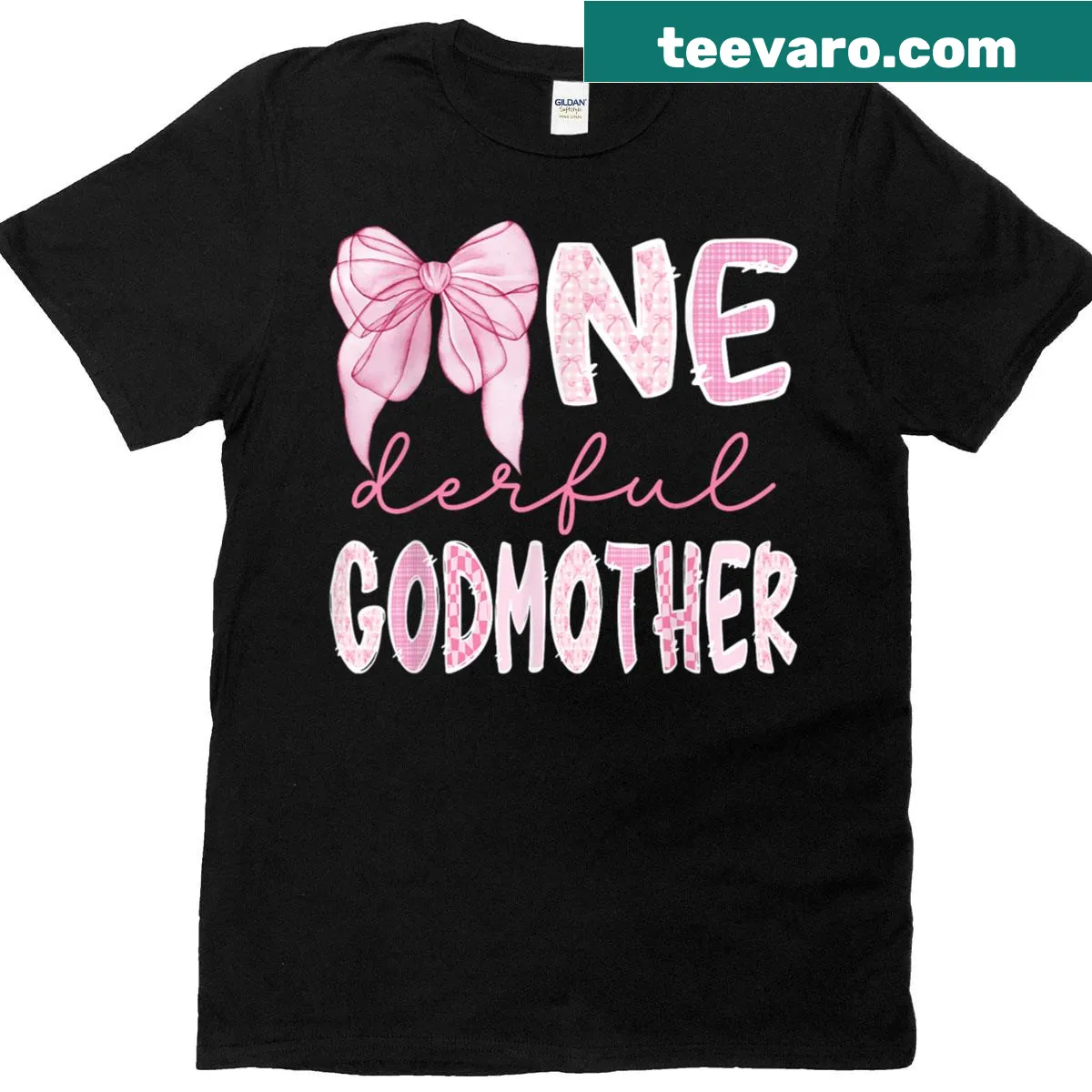 Cute 'Miss Onederful' t-shirt for godmothers with a pink bow — on a men's t-shirt