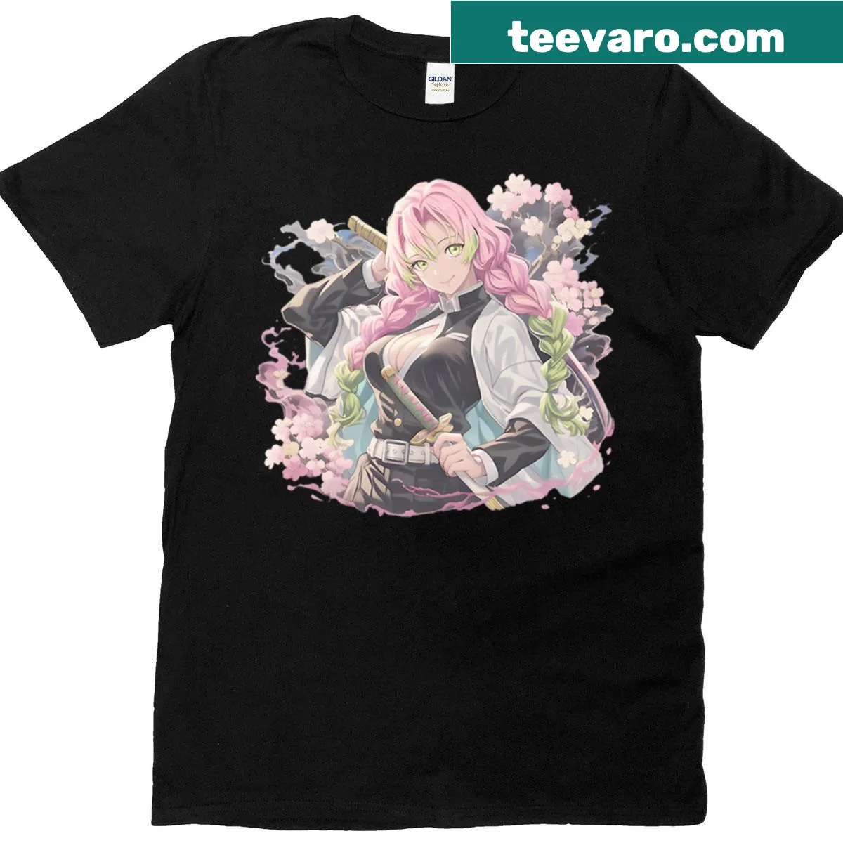 Anime T-shirt featuring a girl with pink hair and cherry blossoms. — on a men's t-shirt
