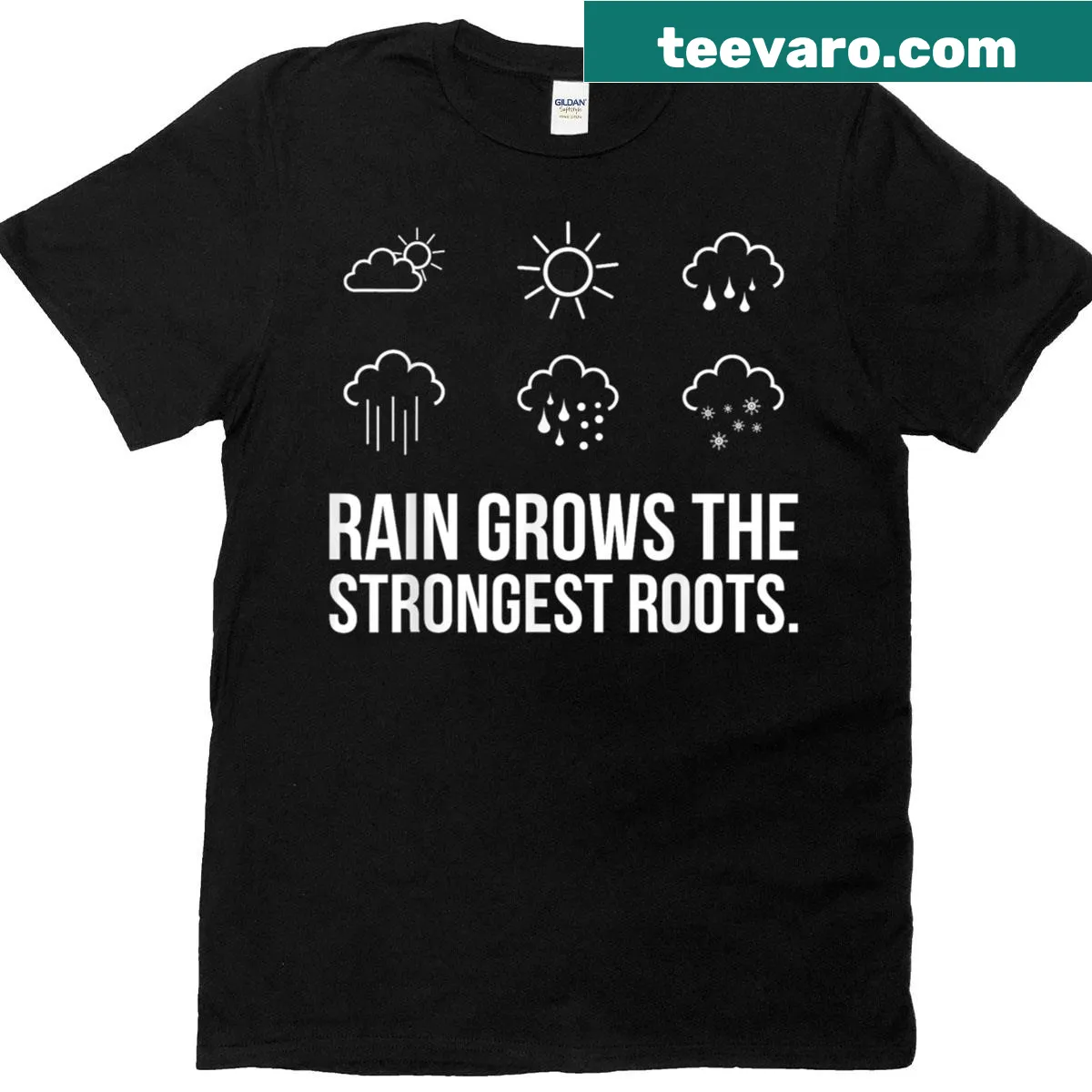 Motivational quote on nature and resilience with rain and roots illustration — on a men's t-shirt