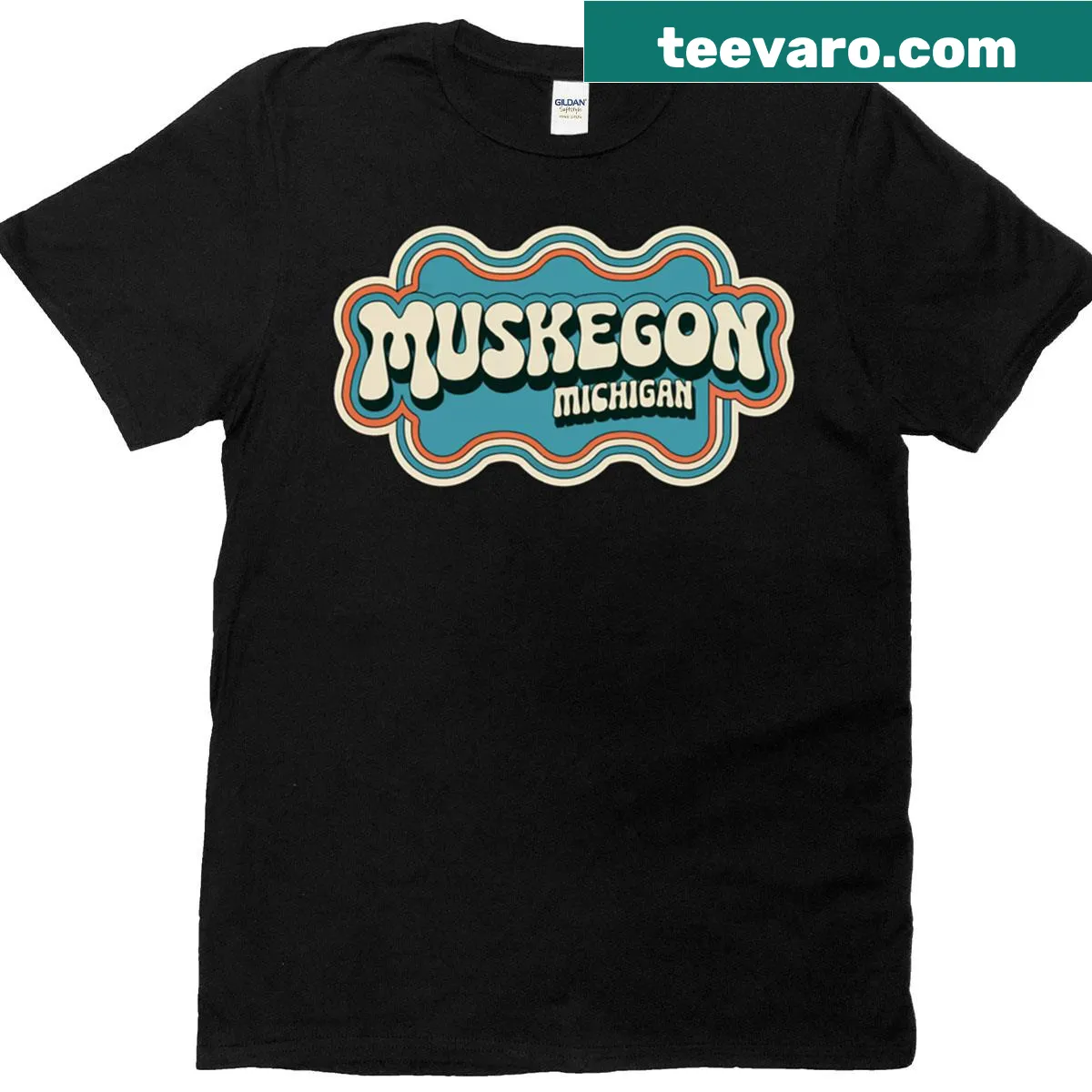 Retro decal T-shirt featuring Muskegon, Michigan, in a vintage style — on a men's t-shirt
