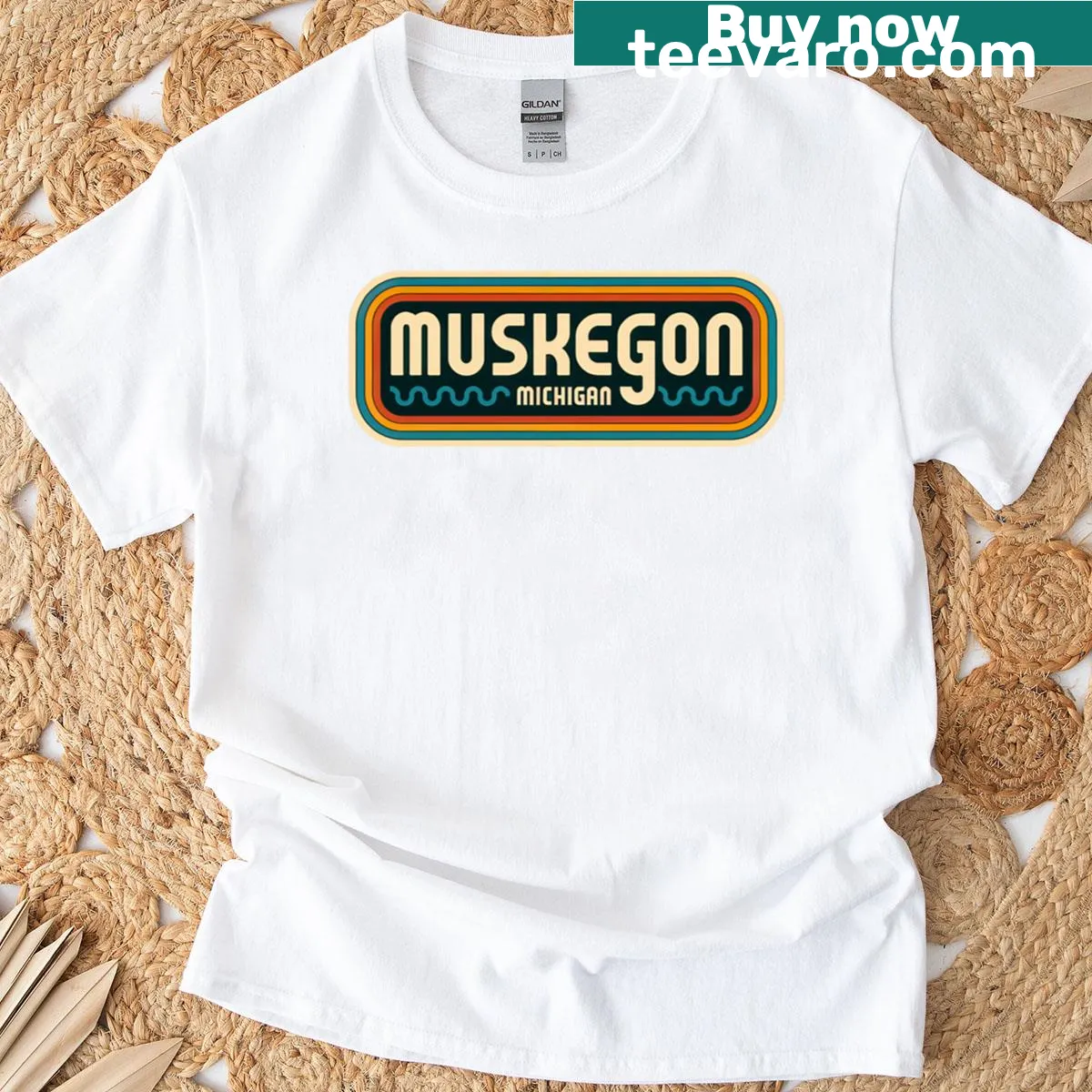 Retro shirt showcasing 70s wave culture in Muskegon, Michigan. — on a men's t-shirt