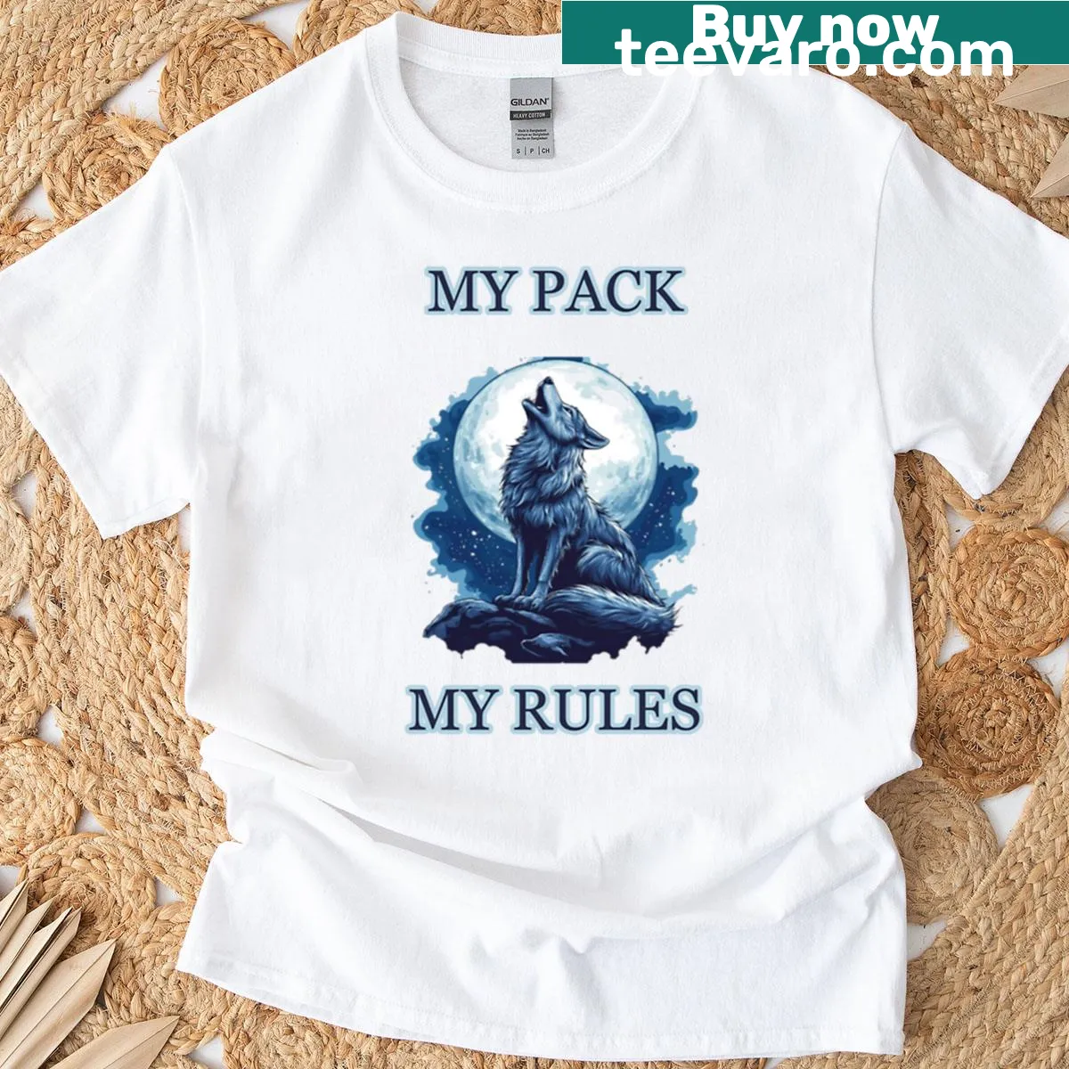 T-shirt with a wolf graphic and the phrase 'My Pack My Rules' for dog lovers — on a men's t-shirt