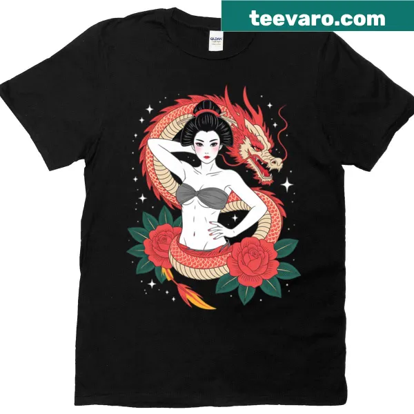 Japanese fantasy art t-shirt featuring a geisha, dragon, and roses