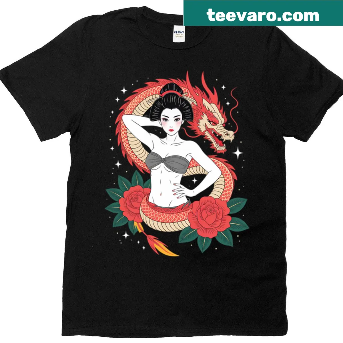 Japanese fantasy art t-shirt featuring a geisha, dragon, and roses — on a men's t-shirt