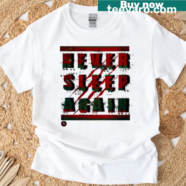 Vintage-inspired shirt with the text 'Never Sleep Again' in a spooky style