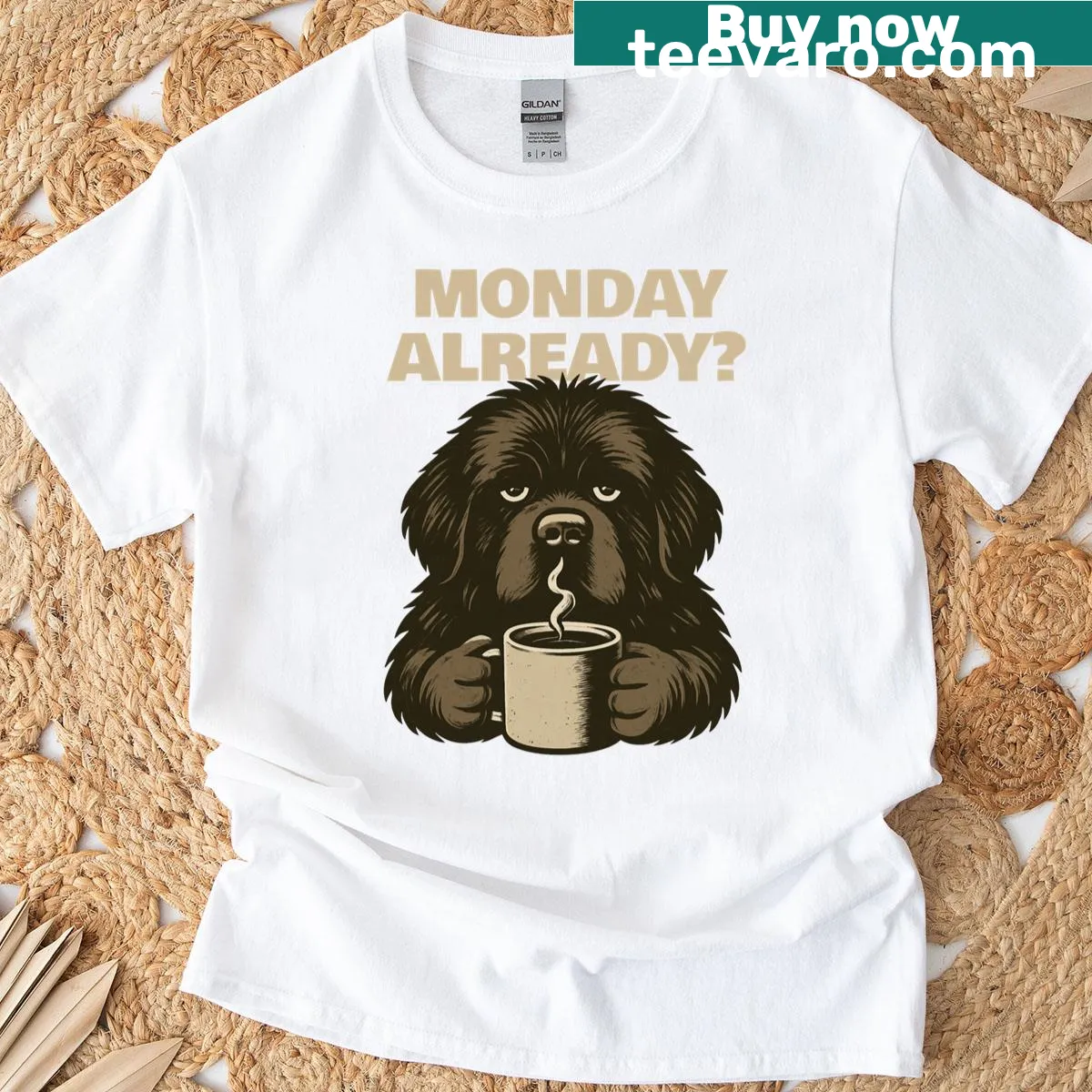 Fun shirt featuring a Newfoundland dog and playful Monday typography. — on a men's t-shirt