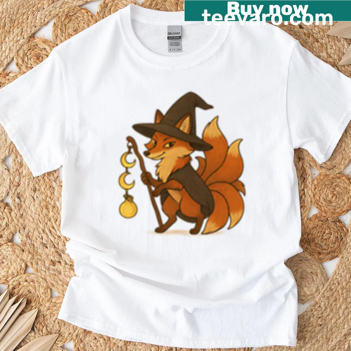 Illustration of a nine-tailed fox witch with magical elements. — on a men's t-shirt